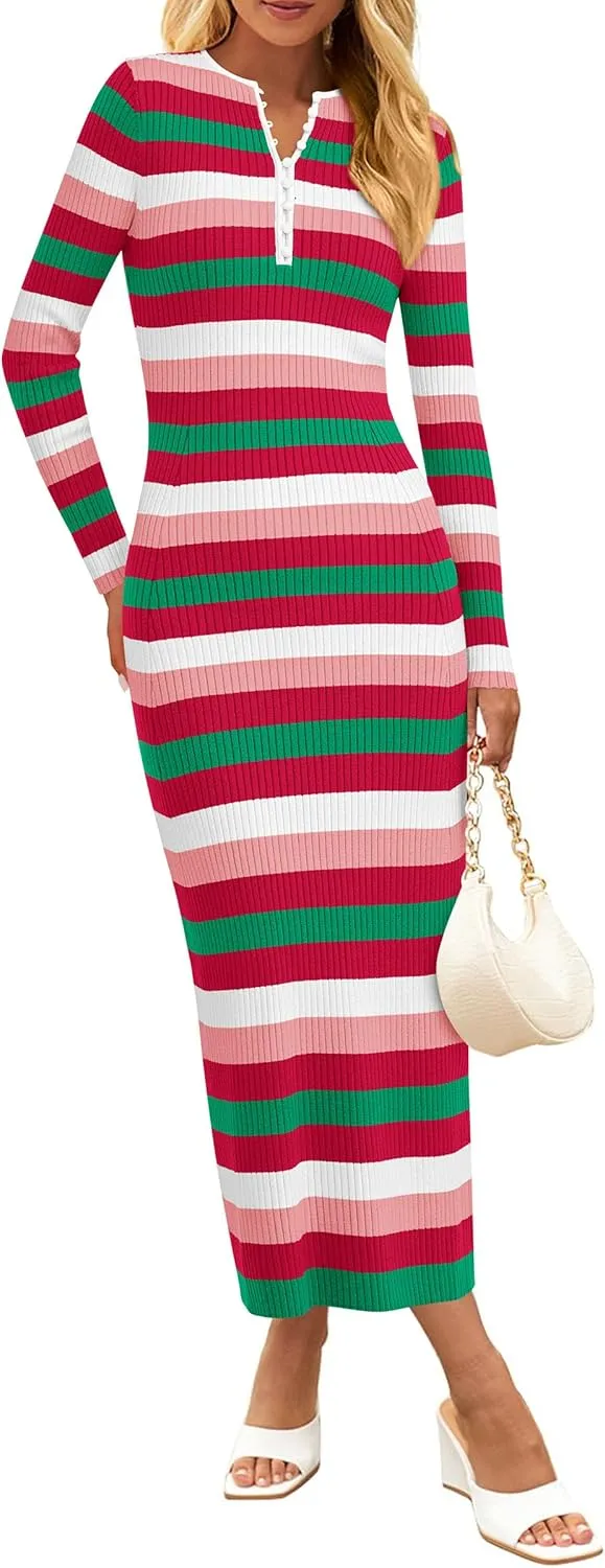 PRETTYGARDEN Women's Striped Spring Midi Sweater Dress Fall Long Sleeve Button Up V Neck Knit Bodycon Vacation Party Dresses