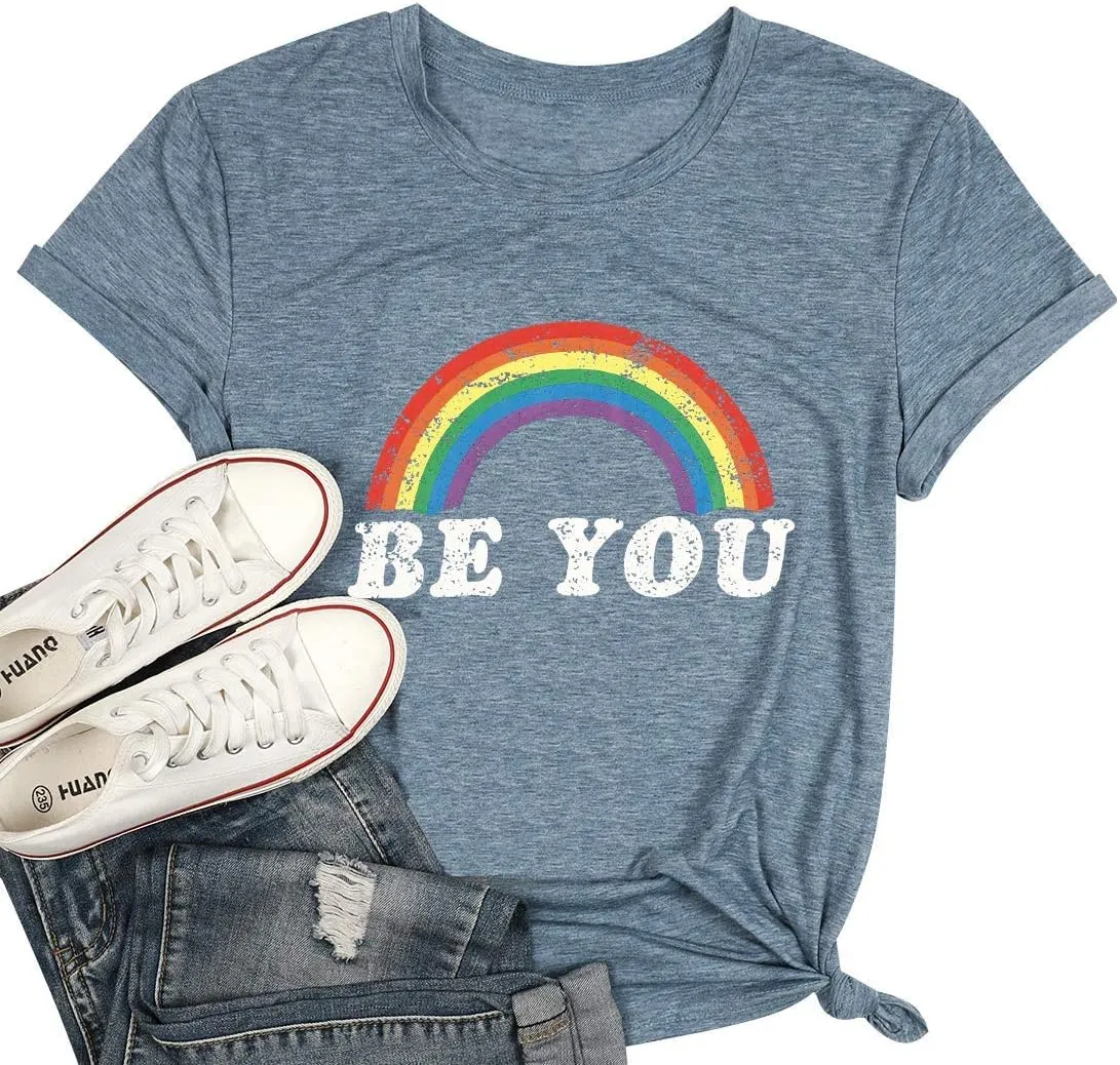 Pride Shirt Women Rainbow Graphic Tees Funny Be You Letter Print T Shirt LGBT Equality Shirts Casual Short Sleeve Tops