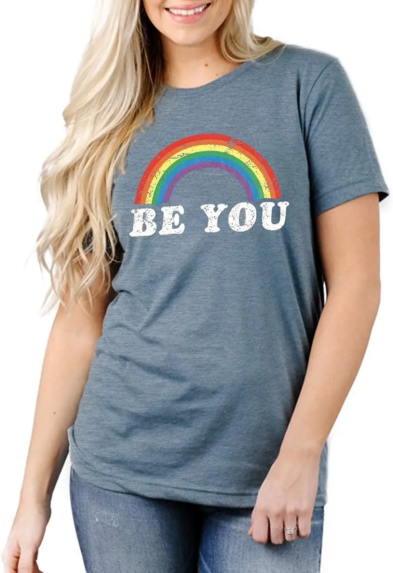 Pride Shirt Women Rainbow Graphic Tees Funny Be You Letter Print T Shirt LGBT Equality Shirts Casual Short Sleeve Tops