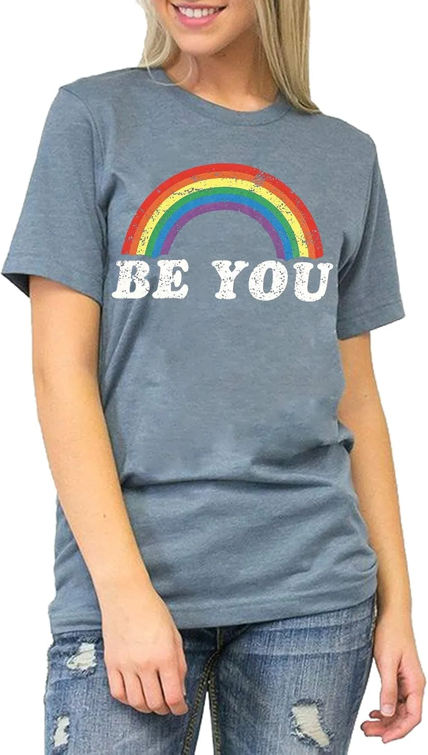 Pride Shirt Women Rainbow Graphic Tees Funny Be You Letter Print T Shirt LGBT Equality Shirts Casual Short Sleeve Tops