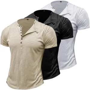 prigridche 3 Pack Oversized Summer Henley T-Shirts Cotton Tee Loose Fit Short Sleeve Casual Solid Colors Shirts for Men