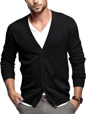 QUALFORT Men's 100% Cotton Cardigan Sweater Casual V-Neck Button Down Knitted Outerwear with Pockets