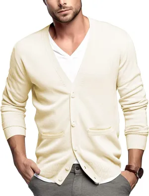 QUALFORT Men's 100% Cotton Cardigan Sweater Casual V-Neck Button Down Knitted Outerwear with Pockets