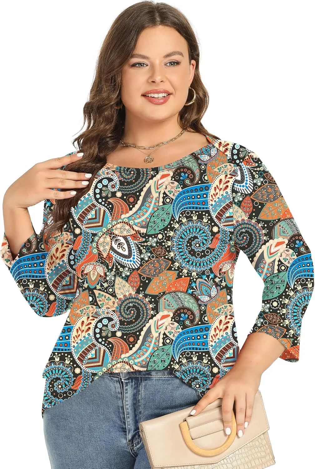 Rapbin Womens Plus Size 3/4 Length Sleeve Tops Boat Neck Loose Fit Tee Tunic Blouse XL-5XL