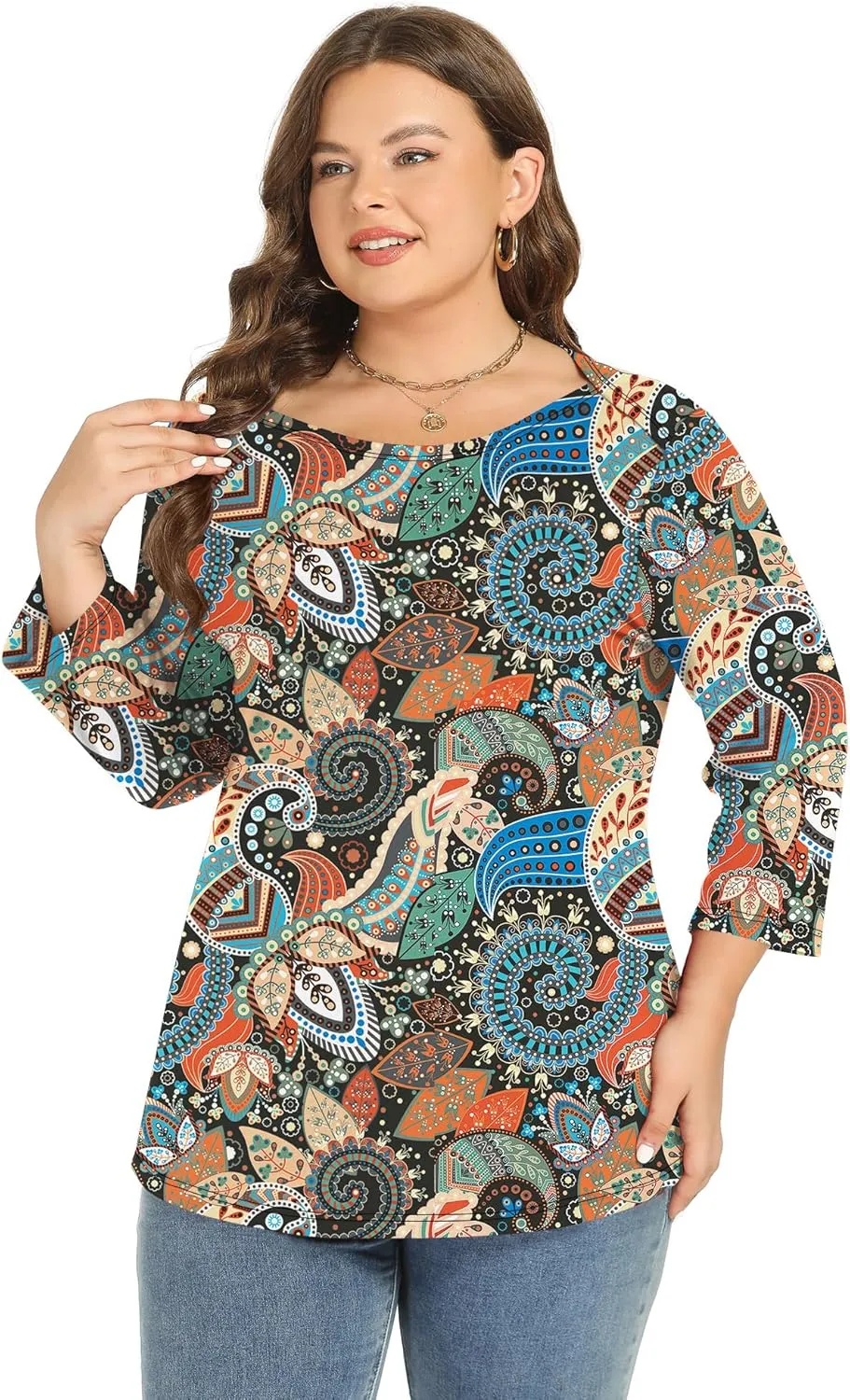 Rapbin Womens Plus Size 3/4 Length Sleeve Tops Boat Neck Loose Fit Tee Tunic Blouse XL-5XL
