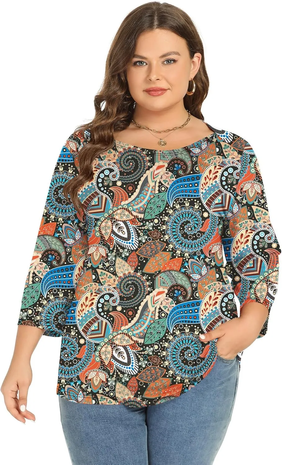 Rapbin Womens Plus Size 3/4 Length Sleeve Tops Boat Neck Loose Fit Tee Tunic Blouse XL-5XL