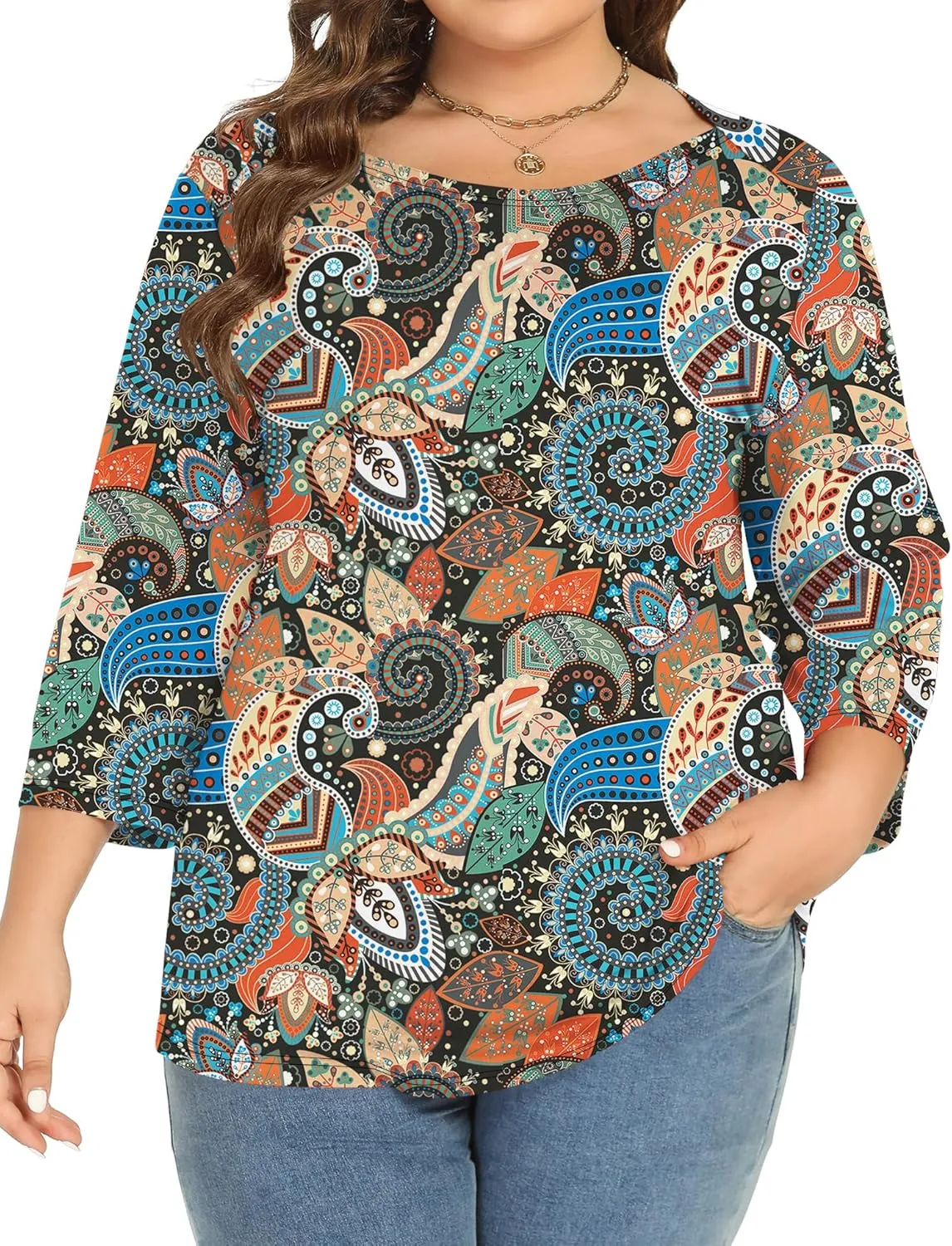 Rapbin Womens Plus Size 3/4 Length Sleeve Tops Boat Neck Loose Fit Tee Tunic Blouse XL-5XL
