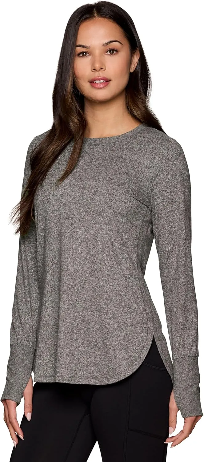 RBX Activewear Women's Yoga Tunic Top, Relaxed Fit Lightweight Buttery Soft Crewneck Long Sleeve Tee with Ribbed Trim