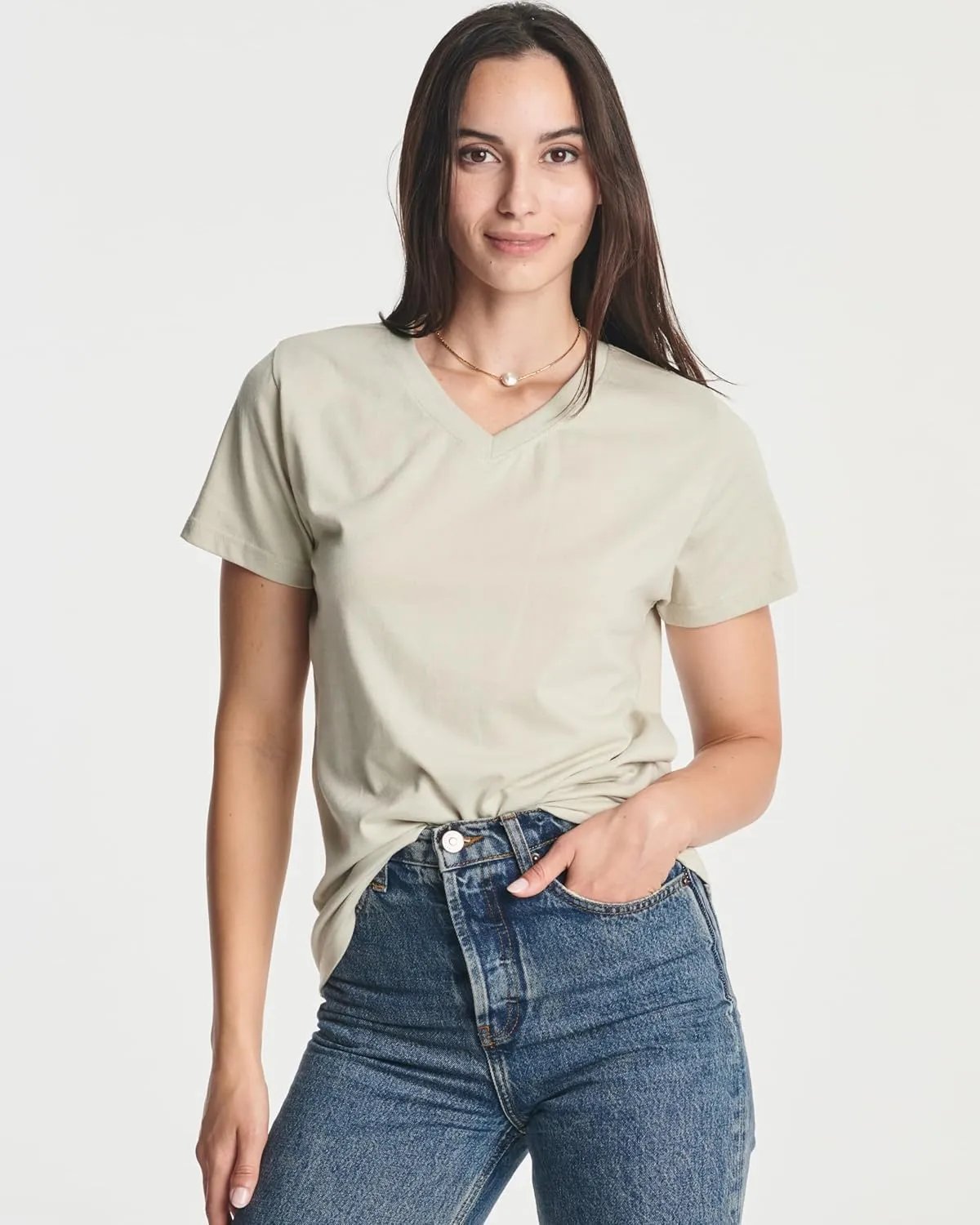 Real Essentials 4 Pack: Women's Classic-Fit Cotton Short-Sleeve V-Neck T-Shirt (Available in Plus Size)