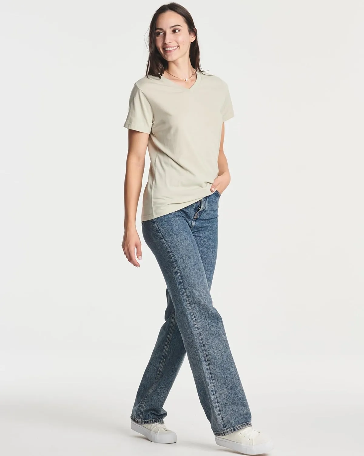 Real Essentials 4 Pack: Women's Classic-Fit Cotton Short-Sleeve V-Neck T-Shirt (Available in Plus Size)