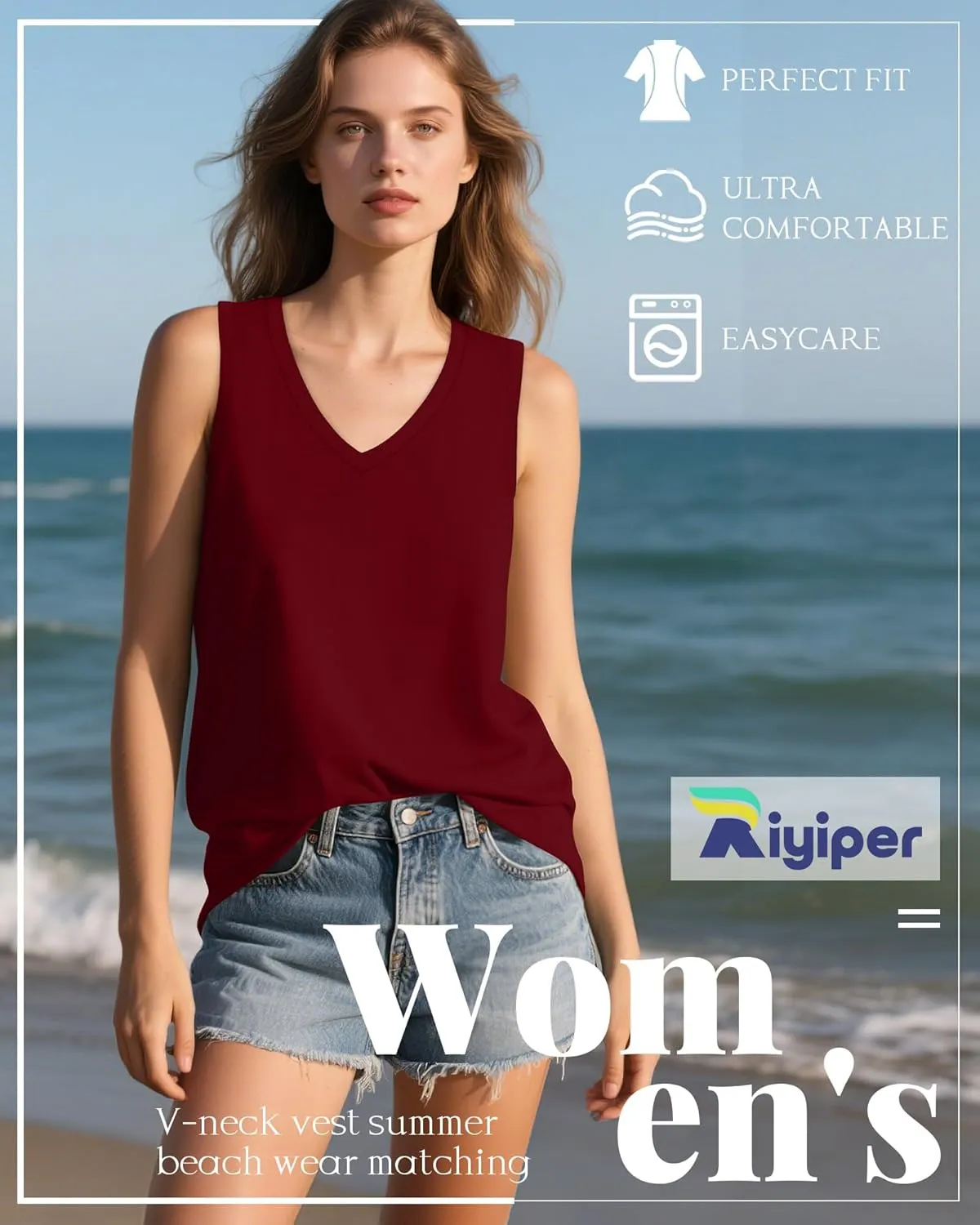 Riyiper 4 Pack Women's Tank Tops 2025 V Neck Shirts Casual Sleeveless Loose Fit Cotton Summer Basic Tee