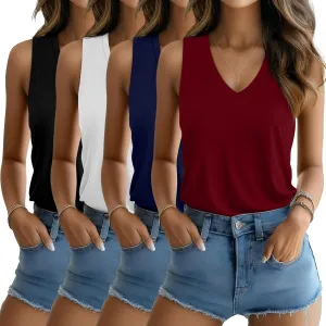 Riyiper 4 Pack Women's Tank Tops 2025 V Neck Shirts Casual Sleeveless Loose Fit Cotton Summer Basic Tee
