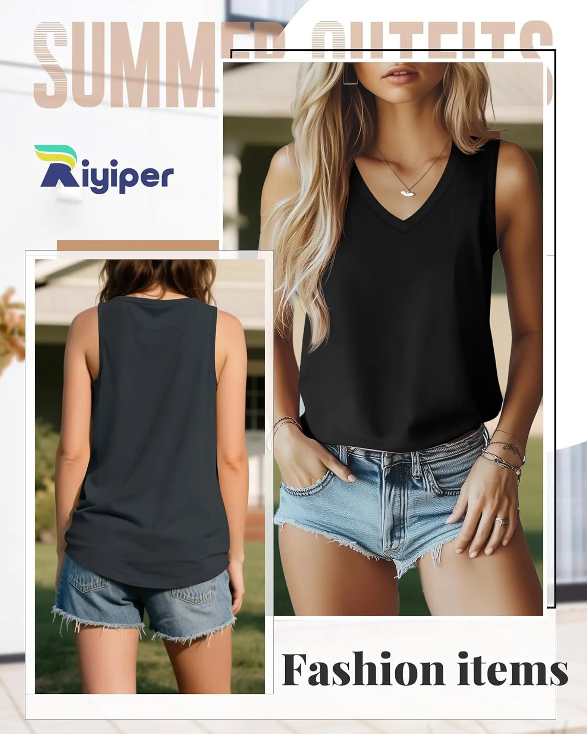 Riyiper 4 Pack Women's Tank Tops 2025 V Neck Shirts Casual Sleeveless Loose Fit Cotton Summer Basic Tee