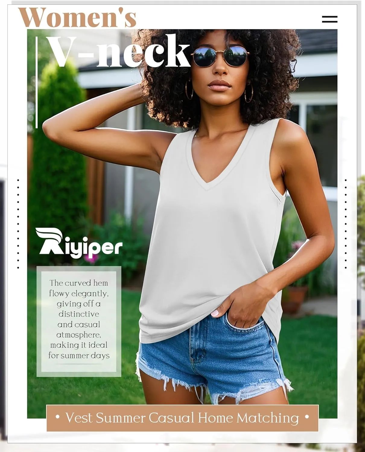 Riyiper 4 Pack Women's Tank Tops 2025 V Neck Shirts Casual Sleeveless Loose Fit Cotton Summer Basic Tee