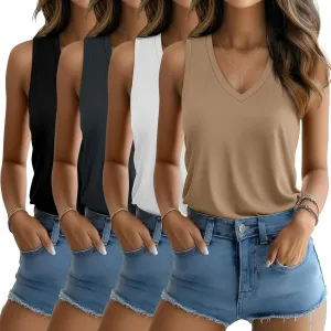 Riyiper 4 Pack Women's Tank Tops 2025 V Neck Shirts Casual Sleeveless Loose Fit Cotton Summer Basic Tee