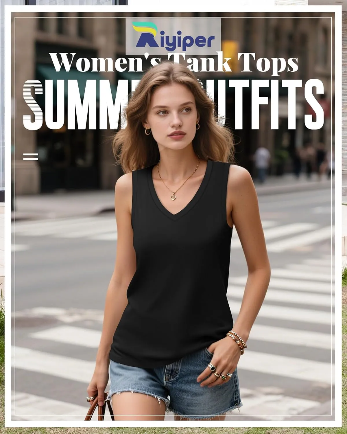 Riyiper 4 Pack Women's Tank Tops 2025 V Neck Shirts Casual Sleeveless Loose Fit Cotton Summer Basic Tee