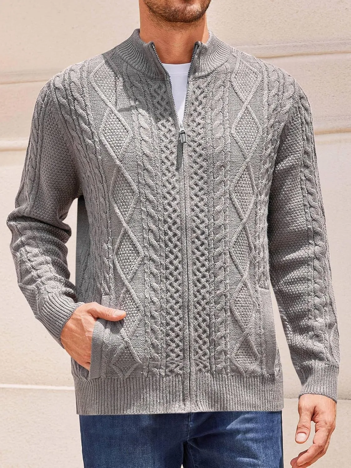 Runcati Mens Cardigan Sweater Cable Knitted Full Zip Stand Collar Long Sleeve Sweater with Pockets