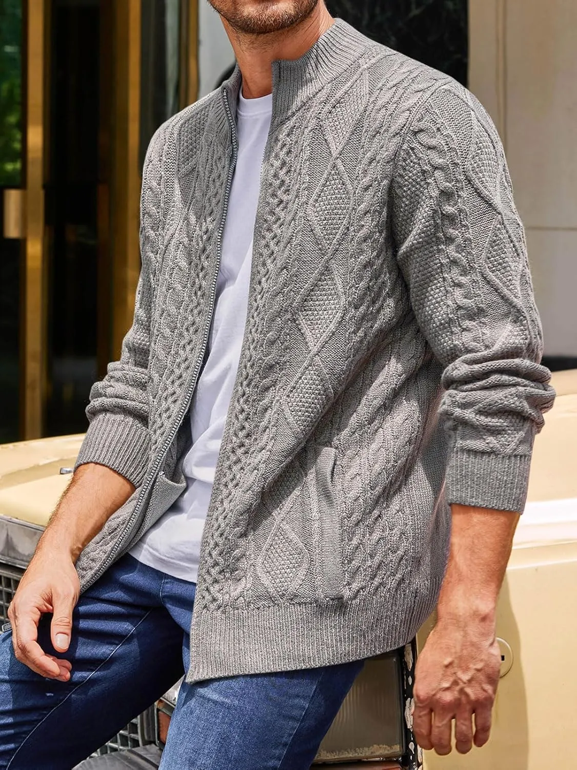Runcati Mens Cardigan Sweater Cable Knitted Full Zip Stand Collar Long Sleeve Sweater with Pockets