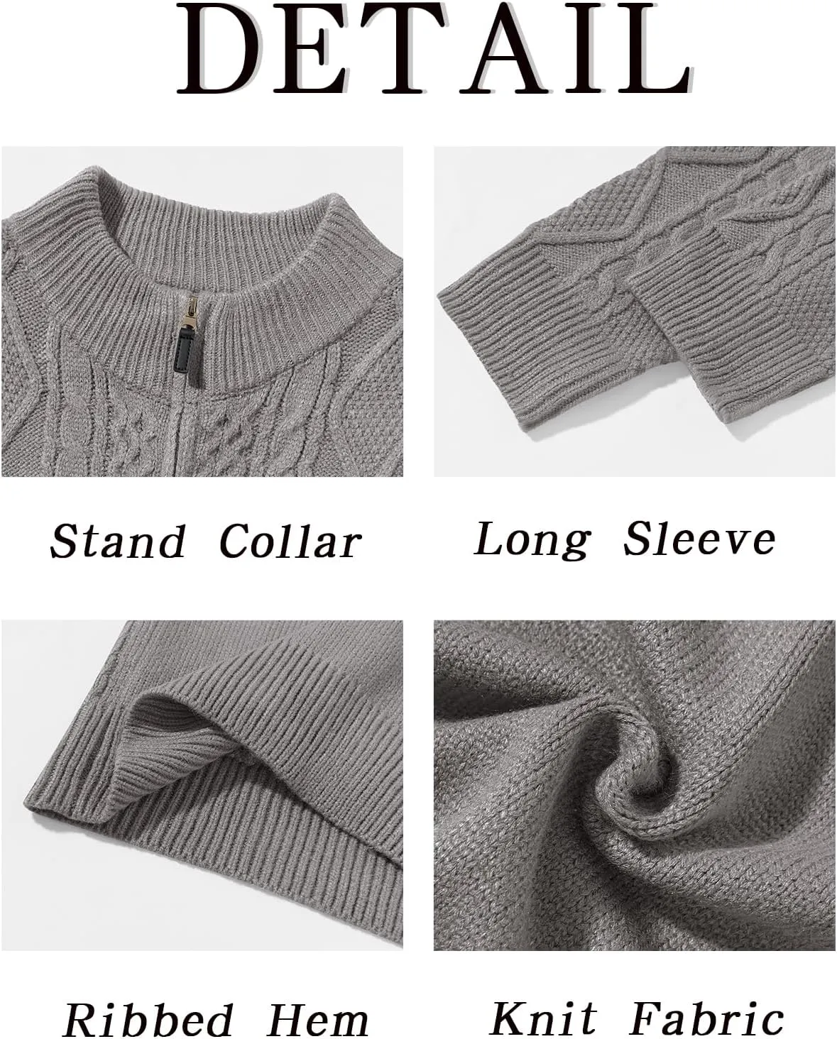 Runcati Mens Cardigan Sweater Cable Knitted Full Zip Stand Collar Long Sleeve Sweater with Pockets