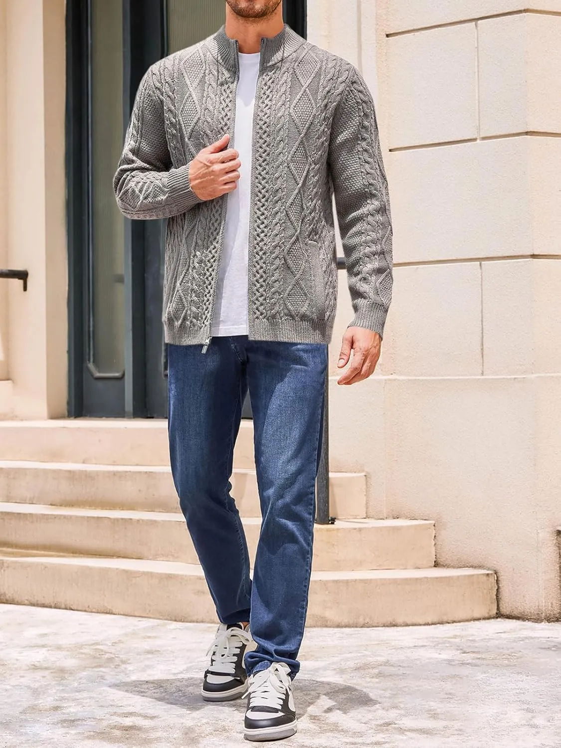 Runcati Mens Cardigan Sweater Cable Knitted Full Zip Stand Collar Long Sleeve Sweater with Pockets