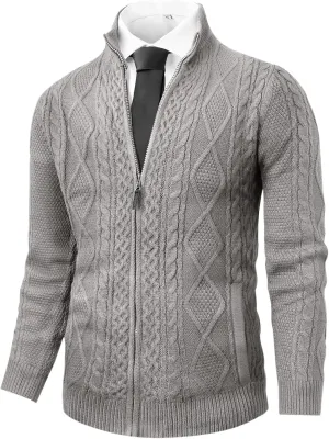 Runcati Mens Cardigan Sweater Cable Knitted Full Zip Stand Collar Long Sleeve Sweater with Pockets