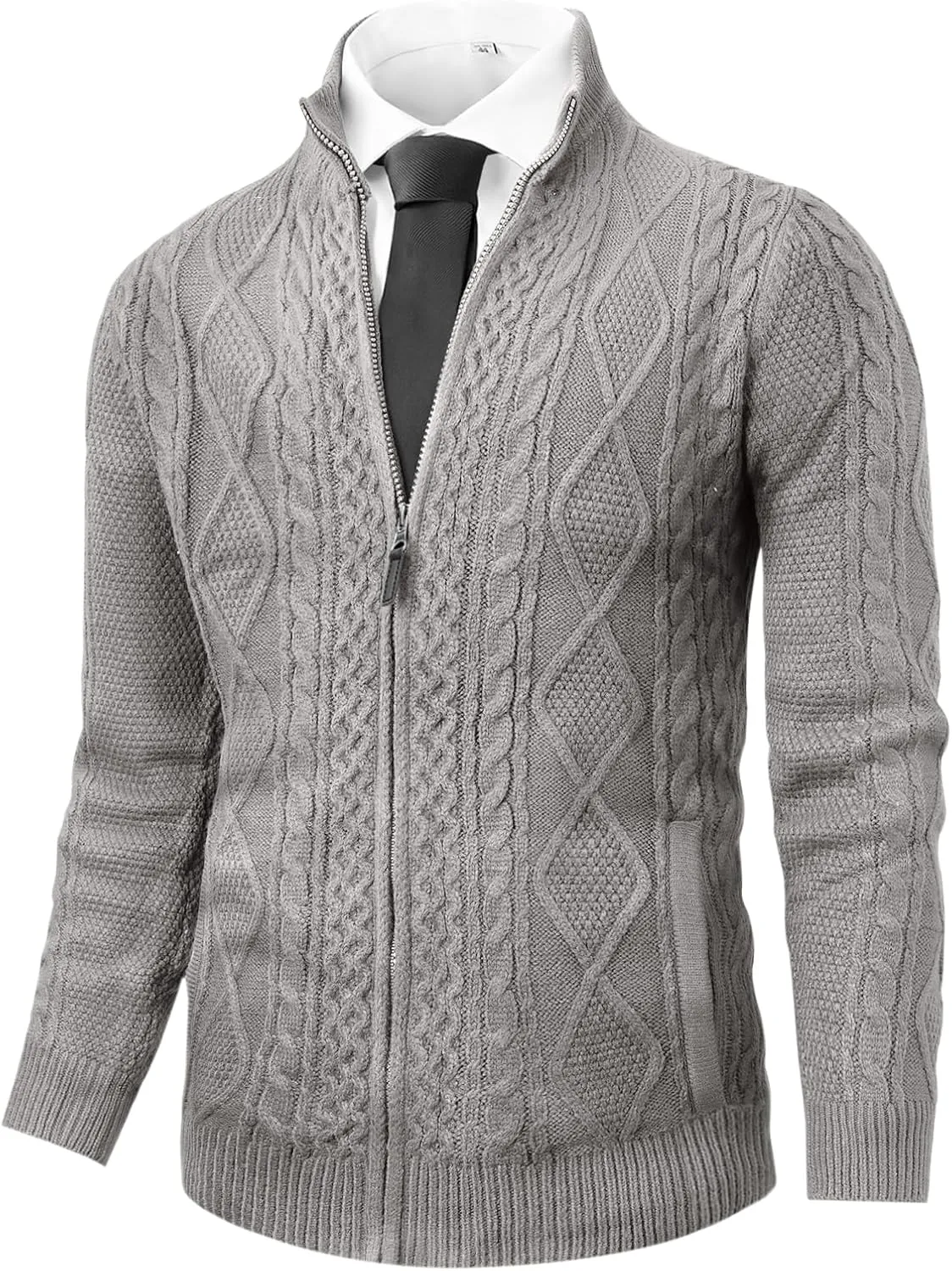 Runcati Mens Cardigan Sweater Cable Knitted Full Zip Stand Collar Long Sleeve Sweater with Pockets