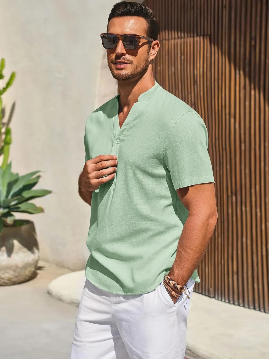 Runcati Mens Casual Henley Shirts Linen Short Sleeve V Neck Band Collar Shirt Beach Summer Hippie Lightweight Tops