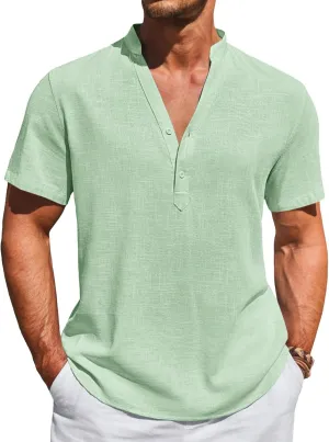 Runcati Mens Casual Henley Shirts Linen Short Sleeve V Neck Band Collar Shirt Beach Summer Hippie Lightweight Tops