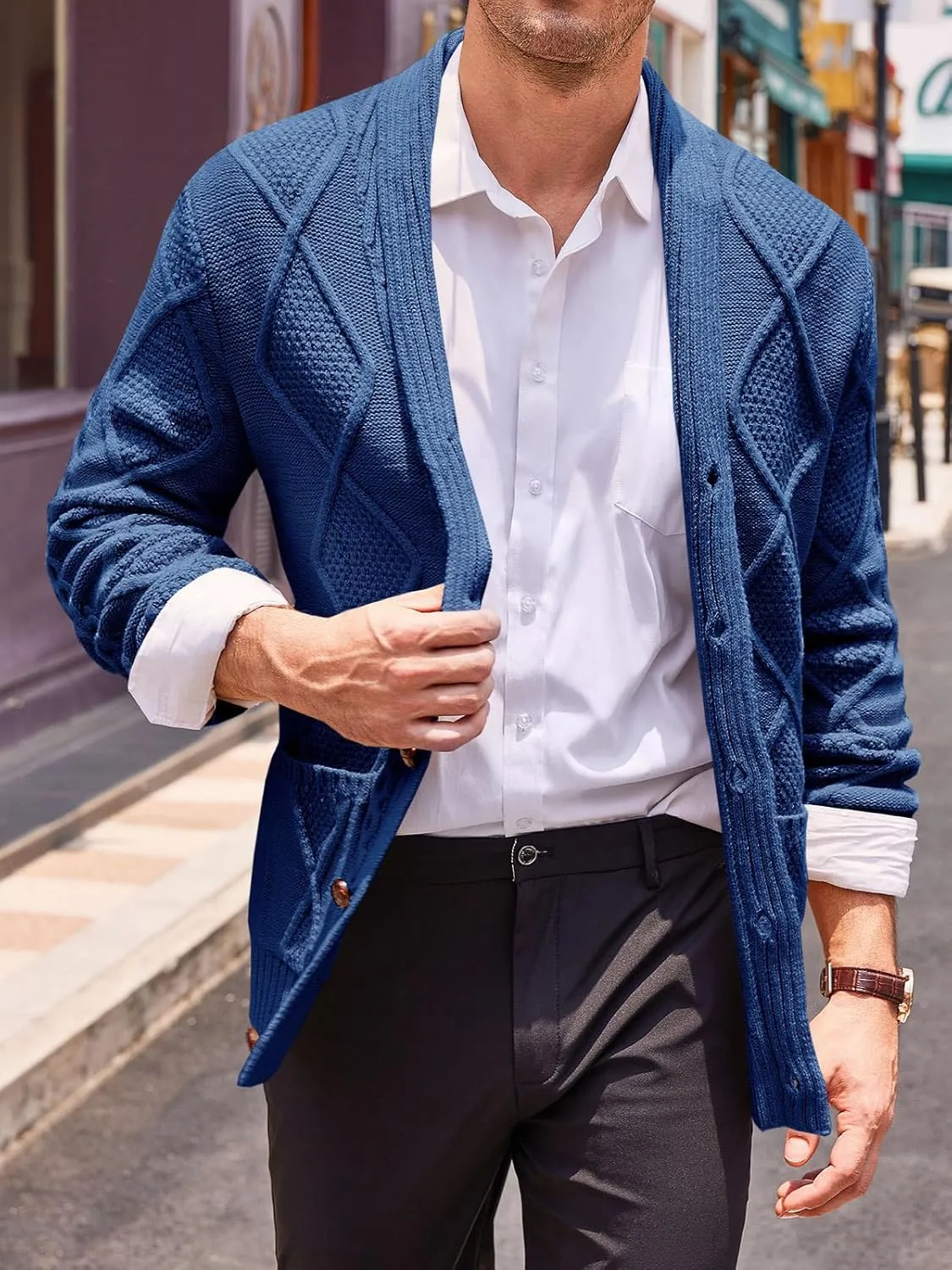 Runcati Mens Shawl Collar Cardigan Sweater Cable Knit Button Down Long Sleeve Casual Sweater with Pockets