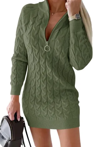 Saodimallsu Womens Cable Knit Sweater Dress Half Zip Long Sleeve Sexy Bodycon Mock Neck Chunky Mini Dresses