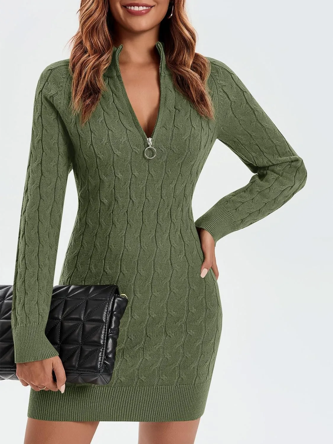 Saodimallsu Womens Cable Knit Sweater Dress Half Zip Long Sleeve Sexy Bodycon Mock Neck Chunky Mini Dresses