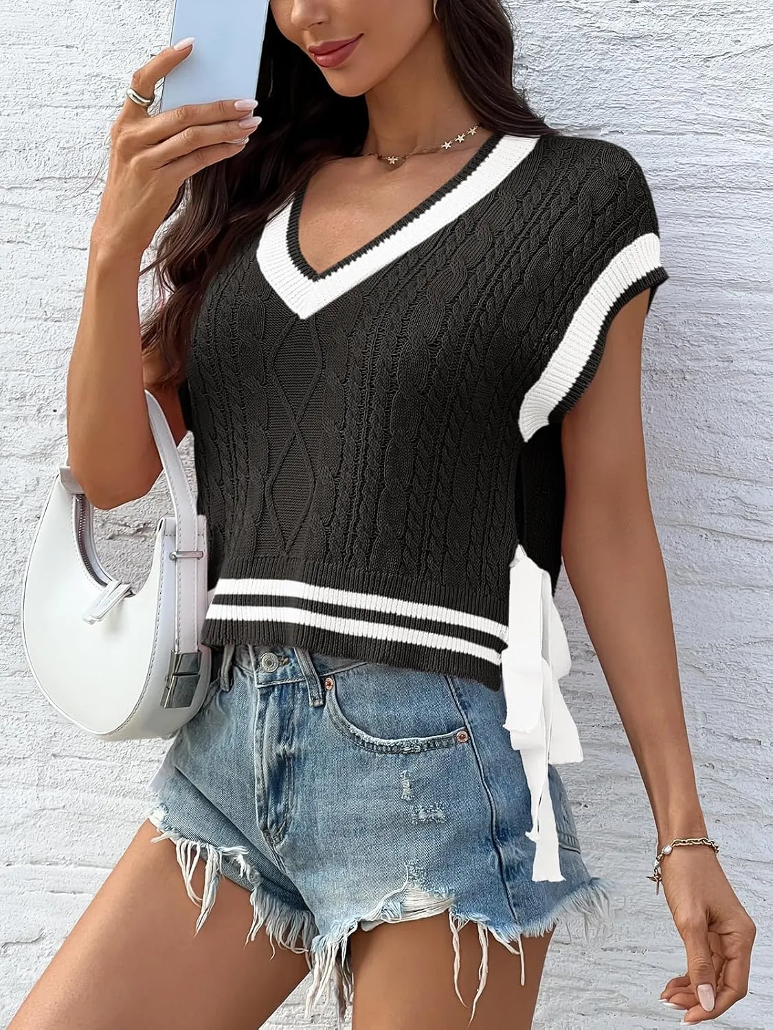 Saodimallsu Womens Cap Sleeve Cropped Sweater Vest V Neck Color Block Cable Knit Bow Side Tie Loose Crop Tank Tops