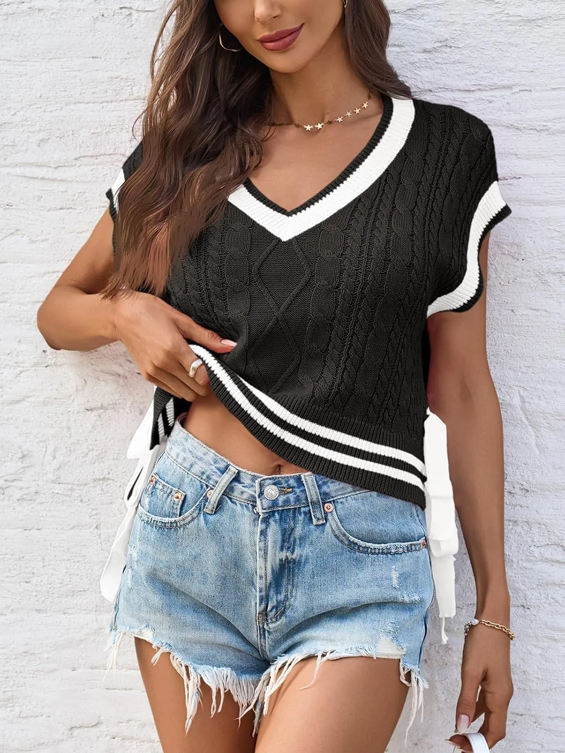 Saodimallsu Womens Cap Sleeve Cropped Sweater Vest V Neck Color Block Cable Knit Bow Side Tie Loose Crop Tank Tops