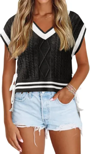 Saodimallsu Womens Cap Sleeve Cropped Sweater Vest V Neck Color Block Cable Knit Bow Side Tie Loose Crop Tank Tops
