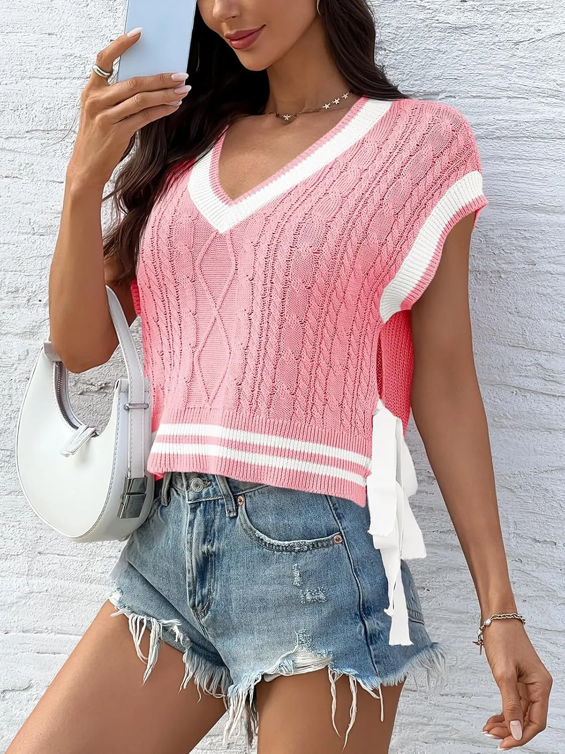 Saodimallsu Womens Cap Sleeve Cropped Sweater Vest V Neck Color Block Cable Knit Bow Side Tie Loose Crop Tank Tops