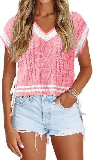 Saodimallsu Womens Cap Sleeve Cropped Sweater Vest V Neck Color Block Cable Knit Bow Side Tie Loose Crop Tank Tops
