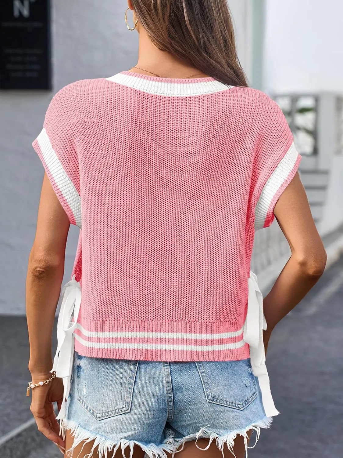 Saodimallsu Womens Cap Sleeve Cropped Sweater Vest V Neck Color Block Cable Knit Bow Side Tie Loose Crop Tank Tops