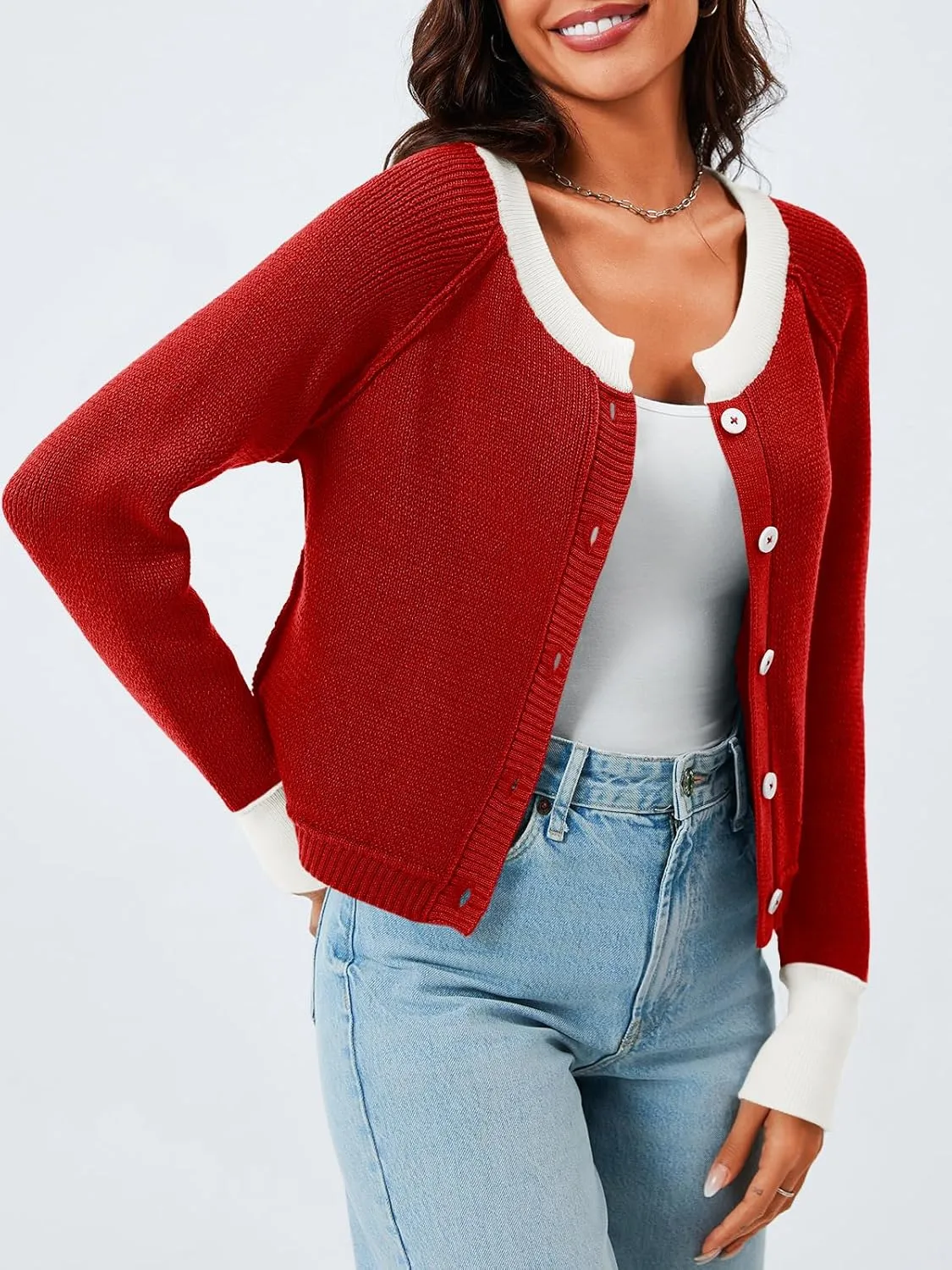 Saodimallsu Womens Cropped Cardigan Sweaters Button Down Open Front Long Sleeve Fall Trendy Color Block Knit Coats