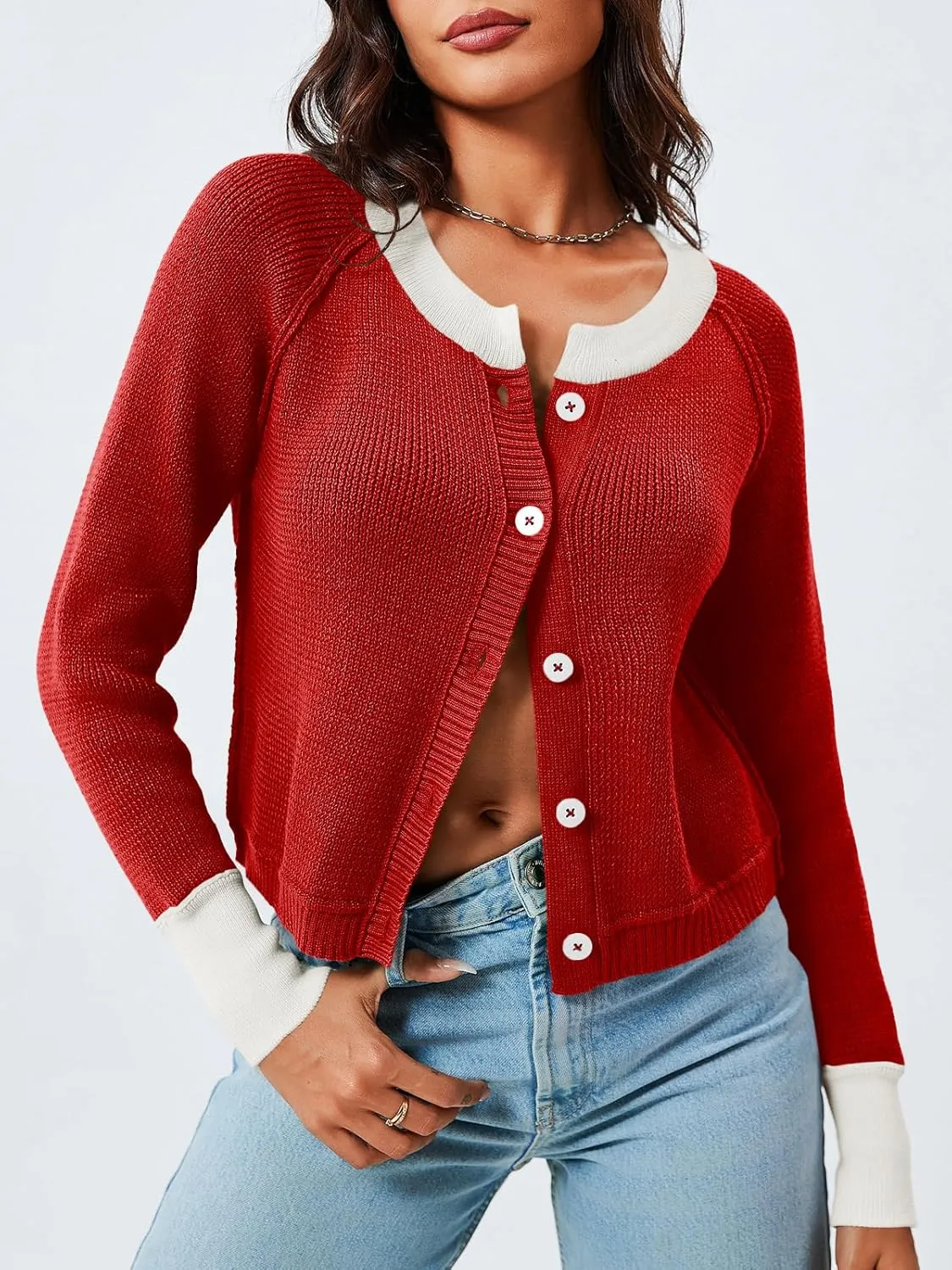 Saodimallsu Womens Cropped Cardigan Sweaters Button Down Open Front Long Sleeve Fall Trendy Color Block Knit Coats
