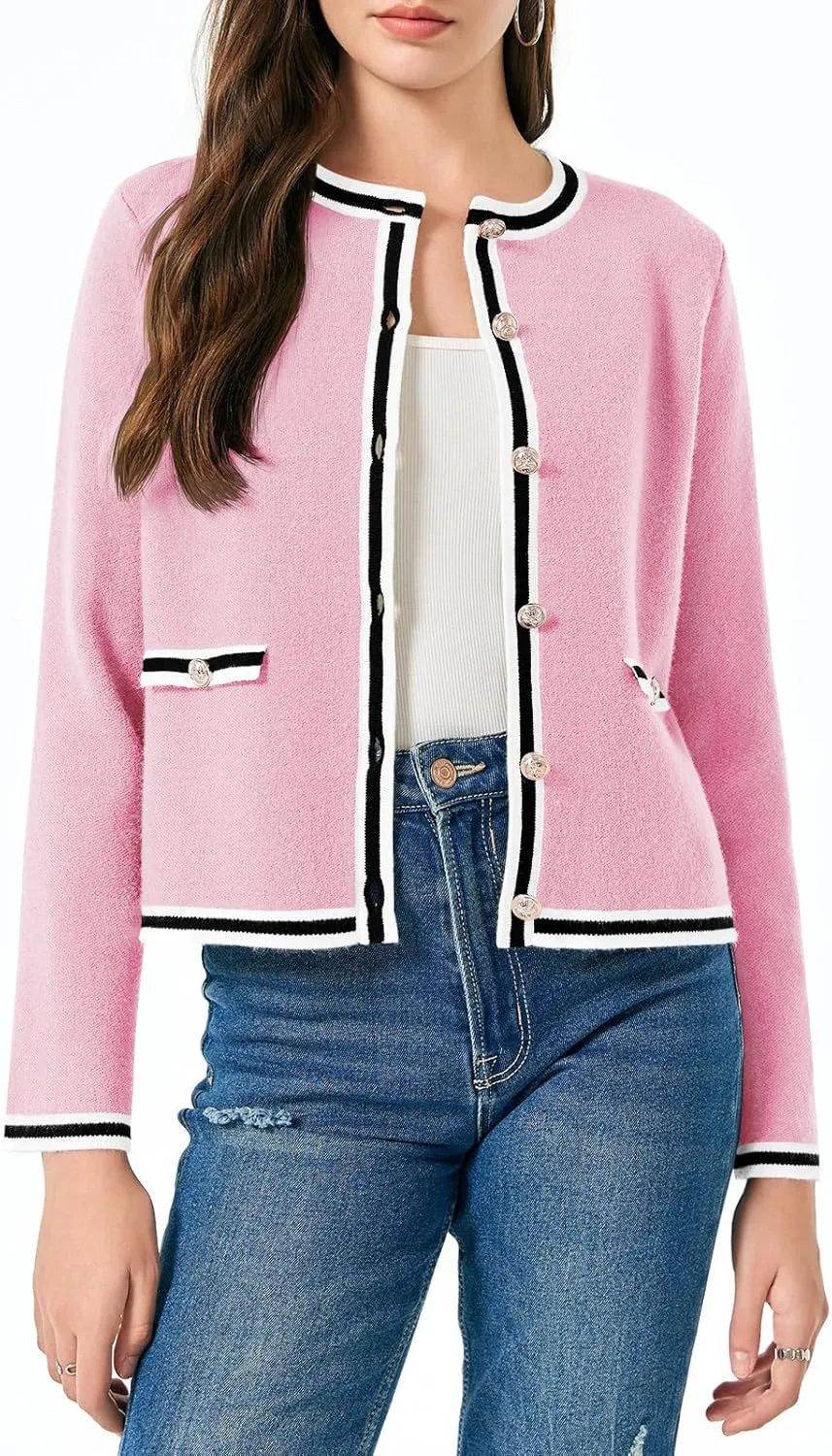 Saodimallsu Womens Cropped Cardigans Crew Neck Color Block Button Down Long Sleeve Fall Knit Sweater Jackets