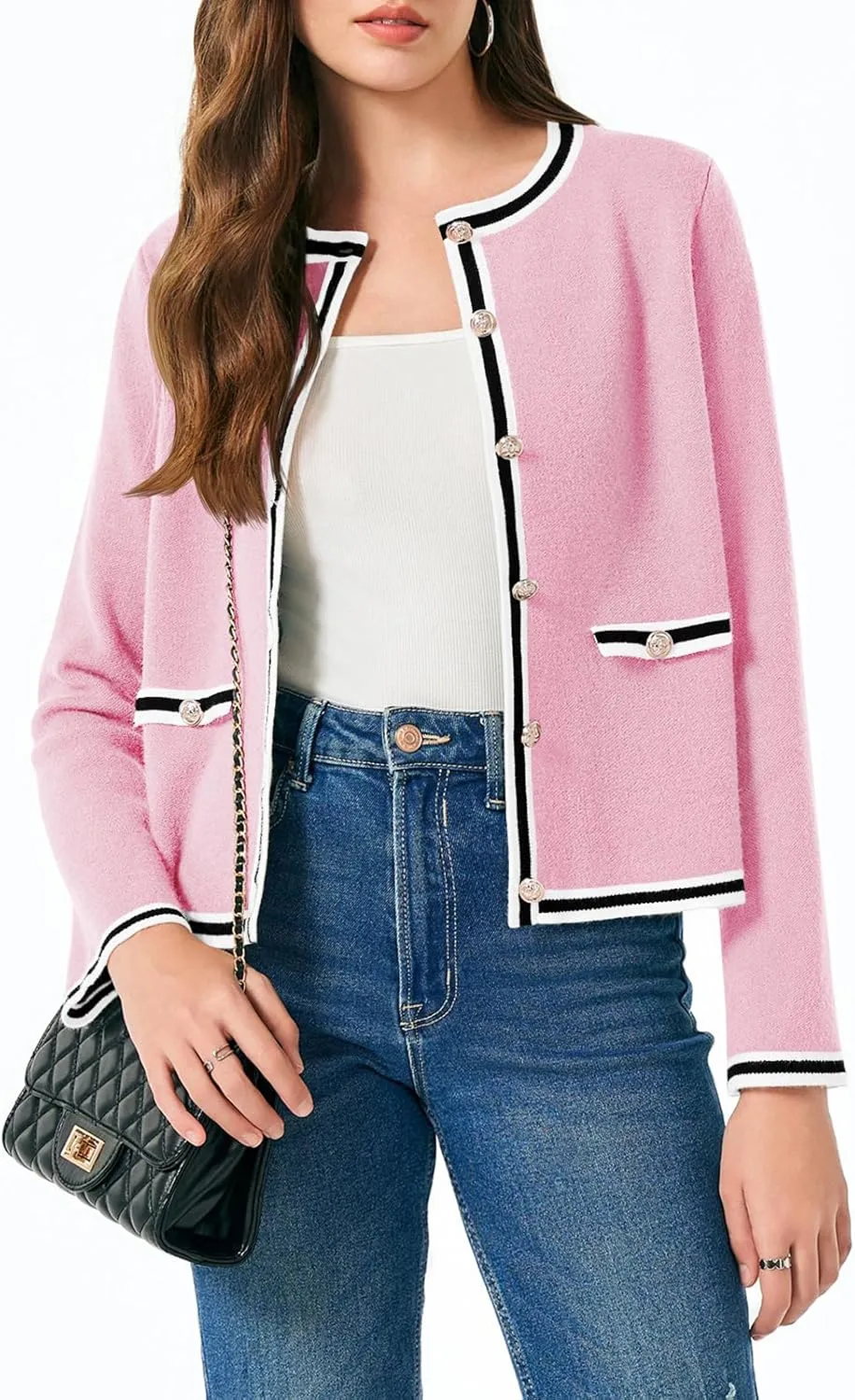 Saodimallsu Womens Cropped Cardigans Crew Neck Color Block Button Down Long Sleeve Fall Knit Sweater Jackets