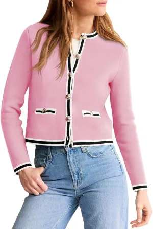 Saodimallsu Womens Cropped Cardigans Crew Neck Color Block Button Down Long Sleeve Fall Knit Sweater Jackets