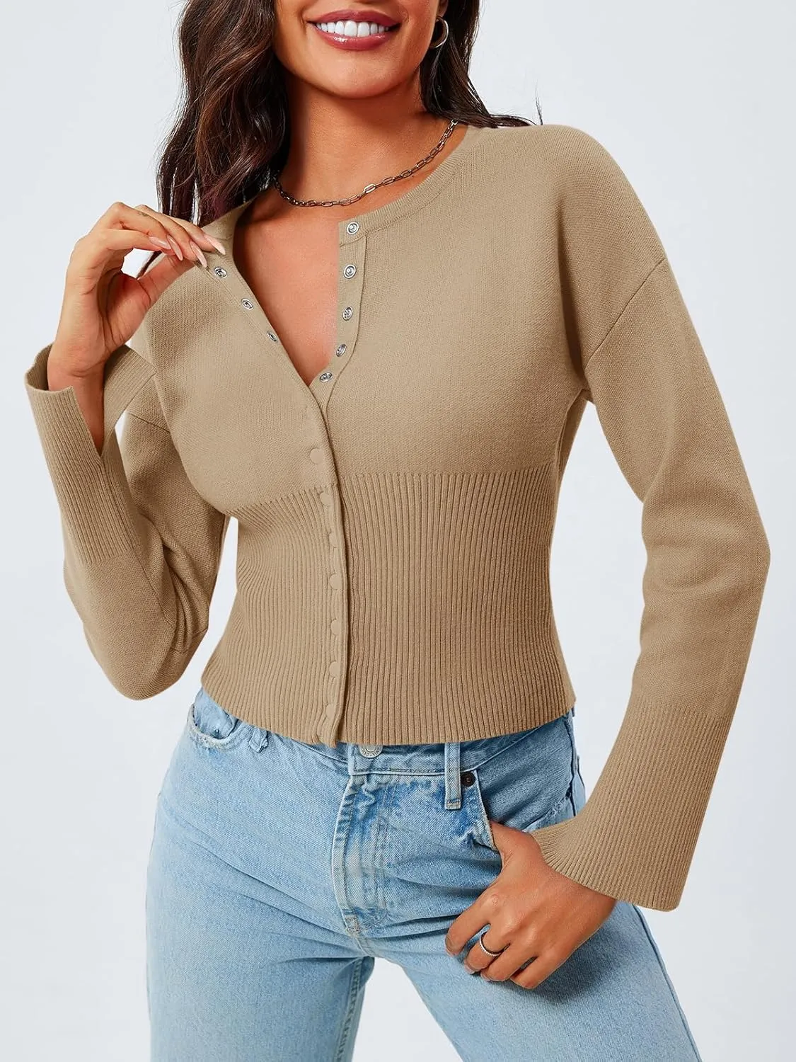 Saodimallsu Womens Cropped Sweaters Button Down Long Sleeve V Neck Ribbed Knit Slim Fit Pullover Crop Tops