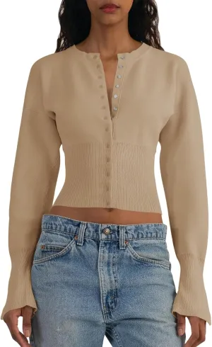 Saodimallsu Womens Cropped Sweaters Button Down Long Sleeve V Neck Ribbed Knit Slim Fit Pullover Crop Tops