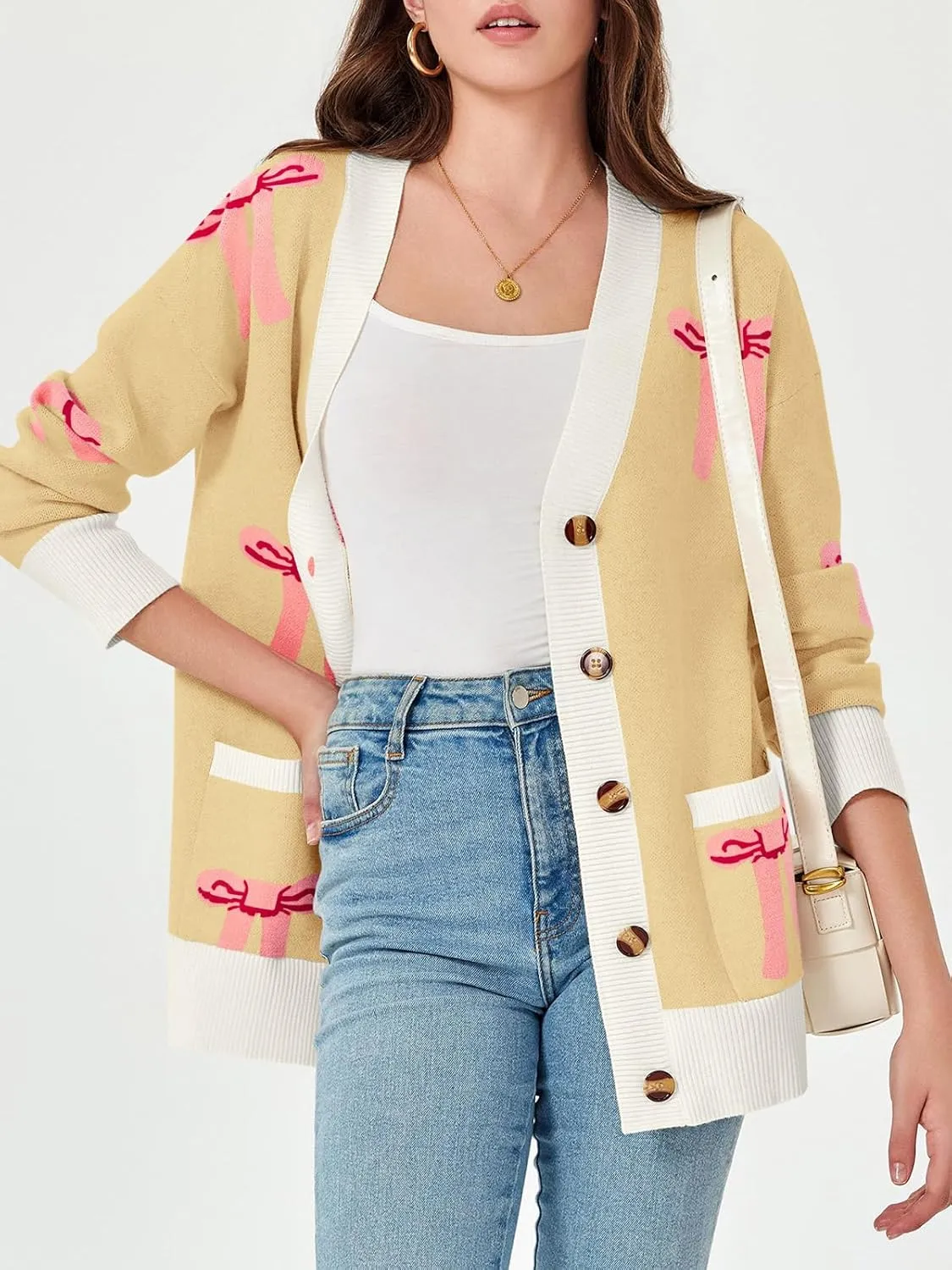 Saodimallsu Womens Oversized Cardigan Sweaters Bow Printed Button V Neck Long Sleeve Loose Knit Fall Trendy Coats