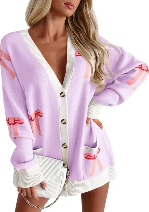 Saodimallsu Womens Oversized Cardigan Sweaters Bow Printed Button V Neck Long Sleeve Loose Knit Fall Trendy Coats