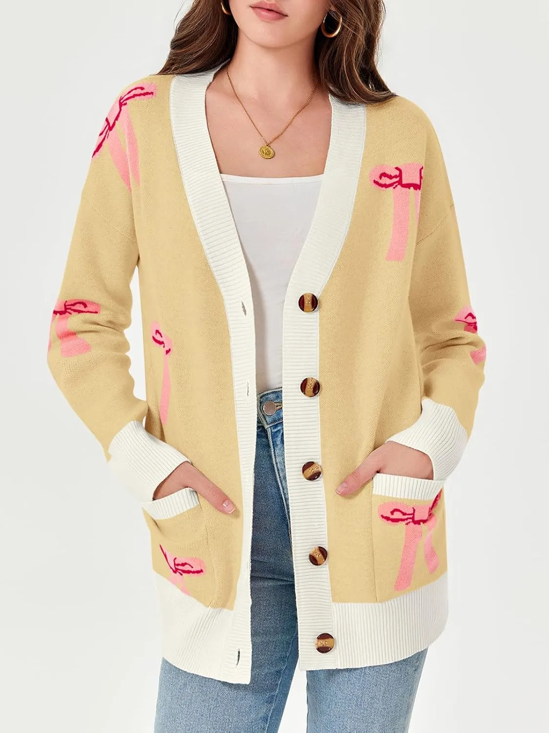 Saodimallsu Womens Oversized Cardigan Sweaters Bow Printed Button V Neck Long Sleeve Loose Knit Fall Trendy Coats