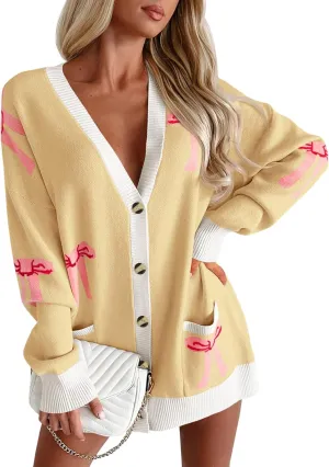 Saodimallsu Womens Oversized Cardigan Sweaters Bow Printed Button V Neck Long Sleeve Loose Knit Fall Trendy Coats