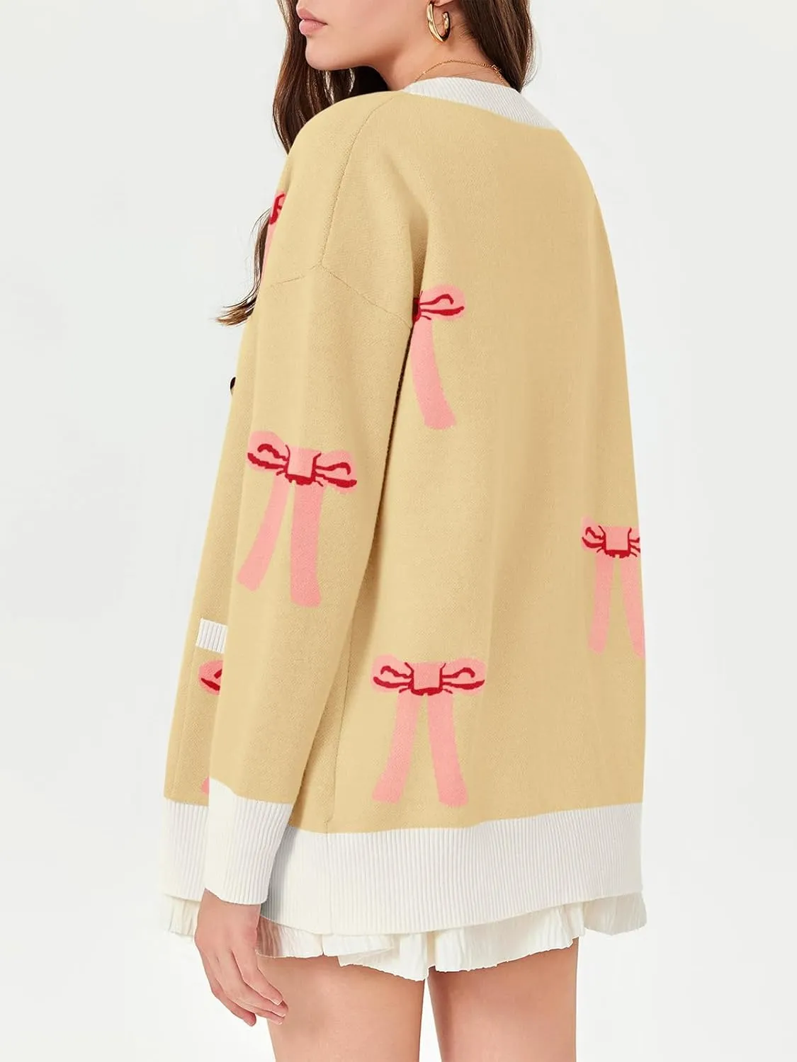Saodimallsu Womens Oversized Cardigan Sweaters Bow Printed Button V Neck Long Sleeve Loose Knit Fall Trendy Coats