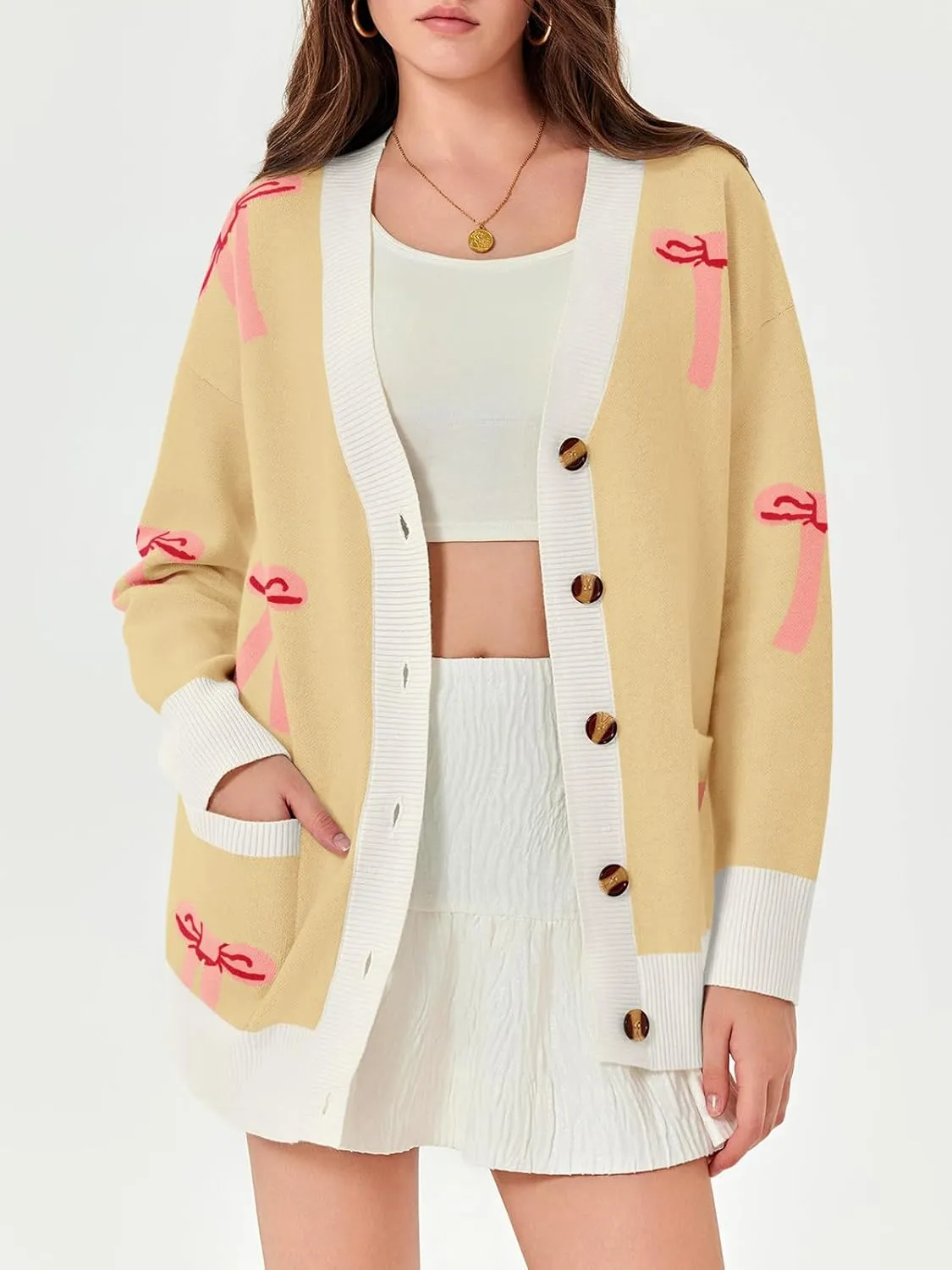 Saodimallsu Womens Oversized Cardigan Sweaters Bow Printed Button V Neck Long Sleeve Loose Knit Fall Trendy Coats